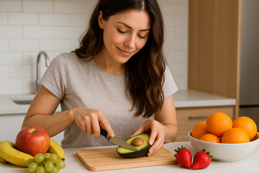 women cutting avocado with fruits on the counter